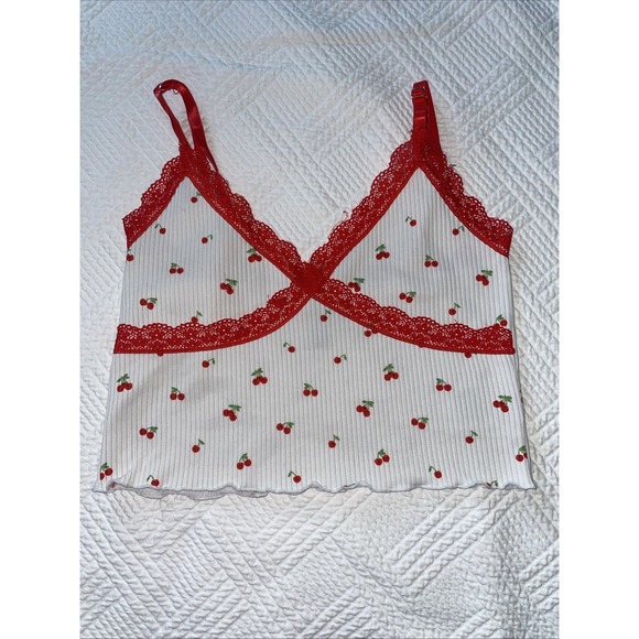 Divided Tops - Divided H&M Women's S Tank Halter Lace Adjustable Cropped Cherries Twee 90s Y2K